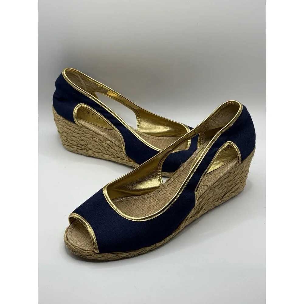 Rare Ralph Lauren Claudia Shoe Canvas Wedge Sandals Coastal Chic Womens Size 8B